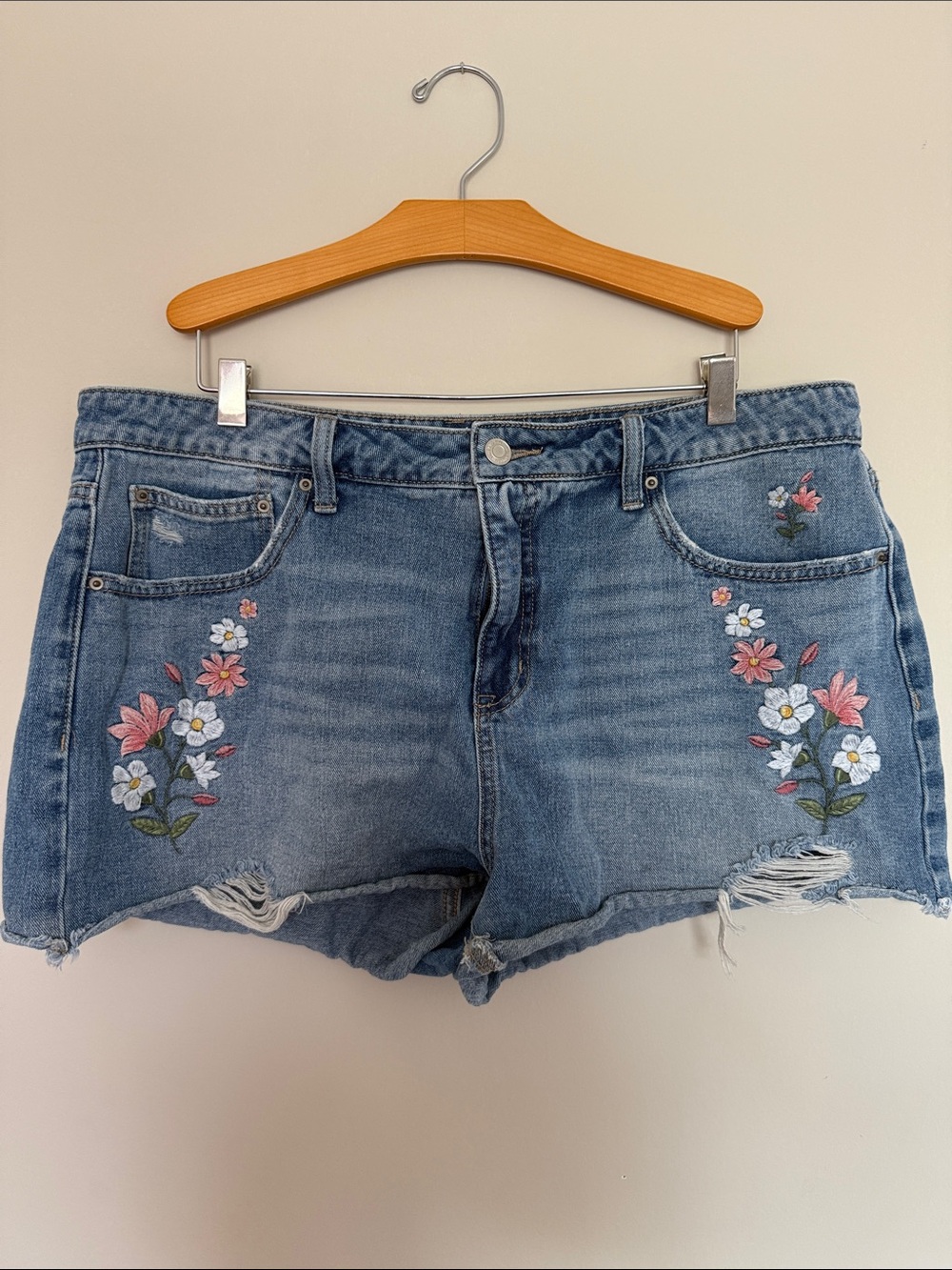 Time and Tru Blue Denim Shorts with Pink & White Floral Embroidery